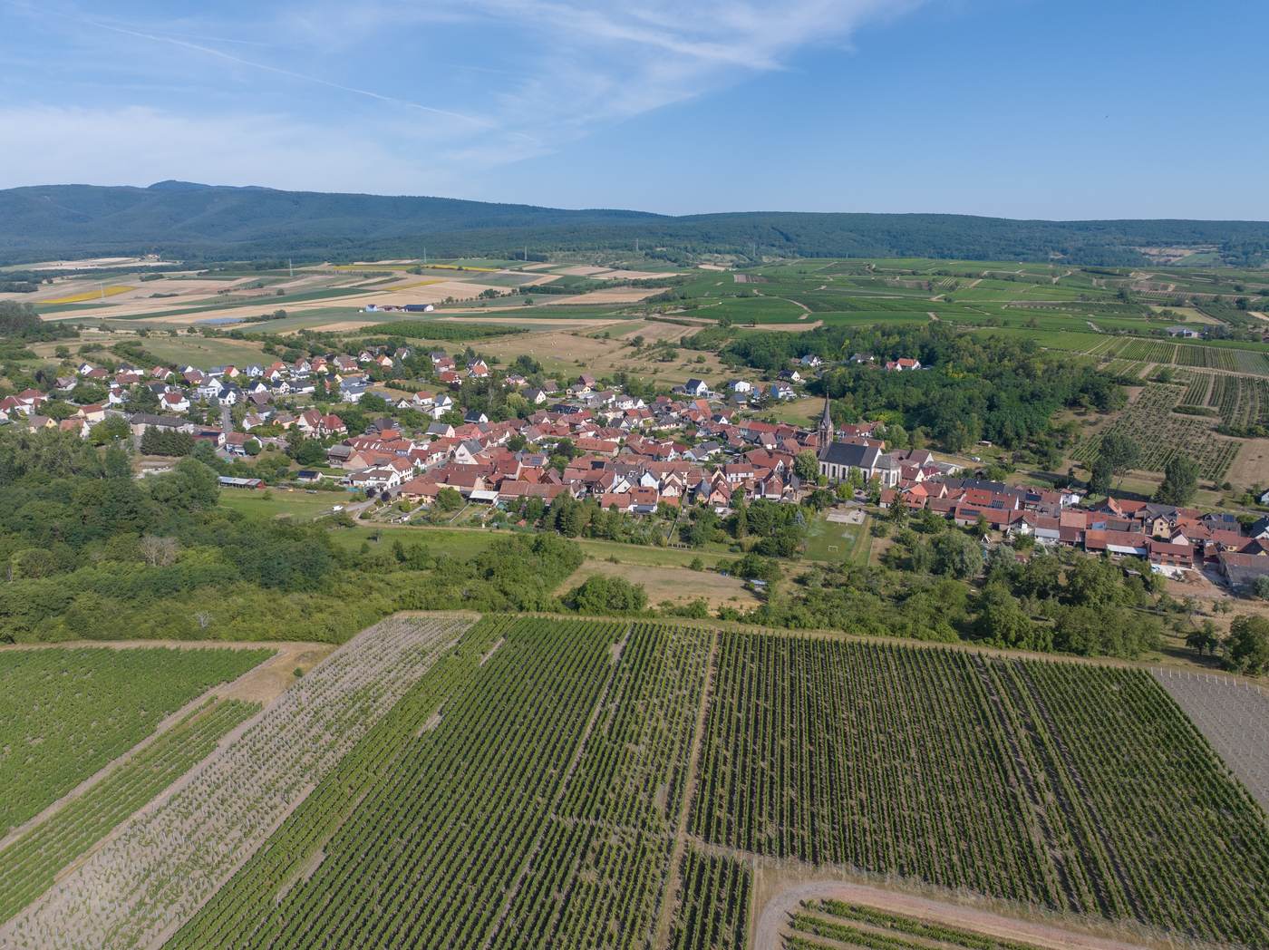 Flexbourg vu du ciel, village adossé à la forêt